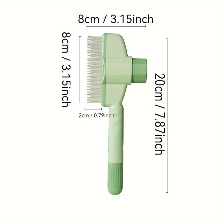 Self-cleaning pet grooming brush dimensions showing 20cm length and ergonomic handle for effective pet grooming.
