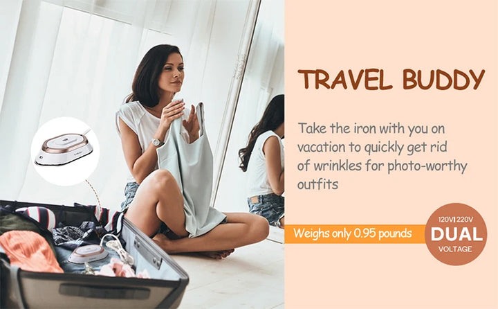 Travel iron for clothes with dual voltage 120V/220V, lightweight and compact, perfect for home and travel.