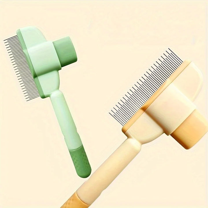 Self-cleaning pet grooming brush for dogs and cats, featuring ergonomic handles and effective deshedding bristles.