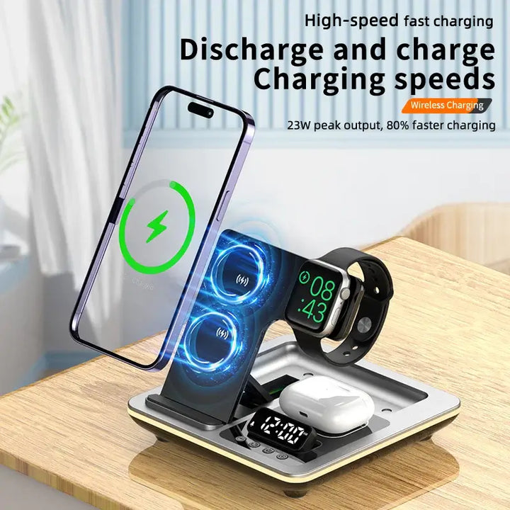 5-in-1 Magnetic Wireless Fast Charger Dock Station with Warm Light for Galaxy S25 Ultra, S24, S23, Apple iPhone & Watch Series - Ebtkr