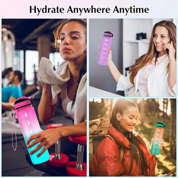 Motivational Gradient Water Bottle – 1L with Straw & Time Marker 💧