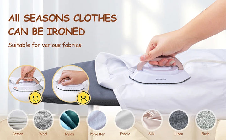 Travel Iron with Dual Voltage 120V/220V suitable for various fabrics like cotton, silk, and linen, shown being used on a shirt.
