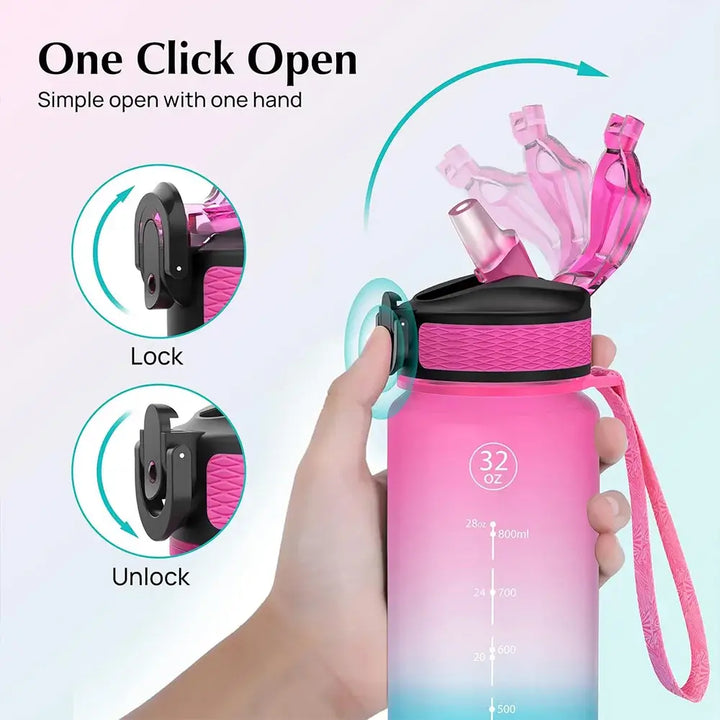 Motivational Gradient Water Bottle – 1L with Straw & Time Marker 💧