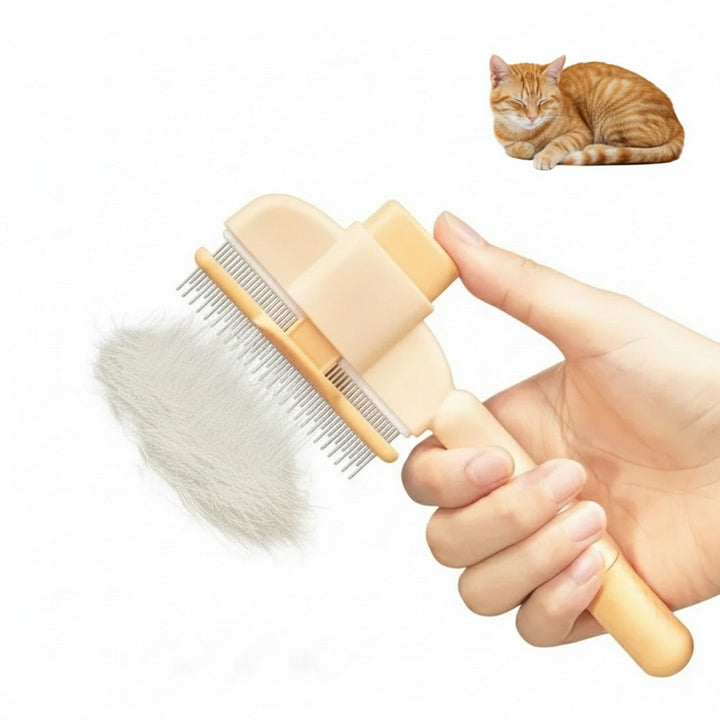 Self-cleaning pet grooming brush held in hand with loose cat hair gathered, perfect for deshedding and massage.