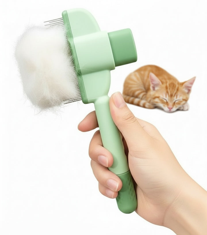 Self-cleaning pet grooming brush for effective deshedding of dogs and cats, featuring anti-slip handle and easy hair release.