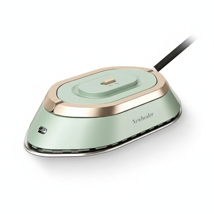 Travel iron with dual voltage 120V/220V, compact design, non-stick ceramic soleplate for portable use.